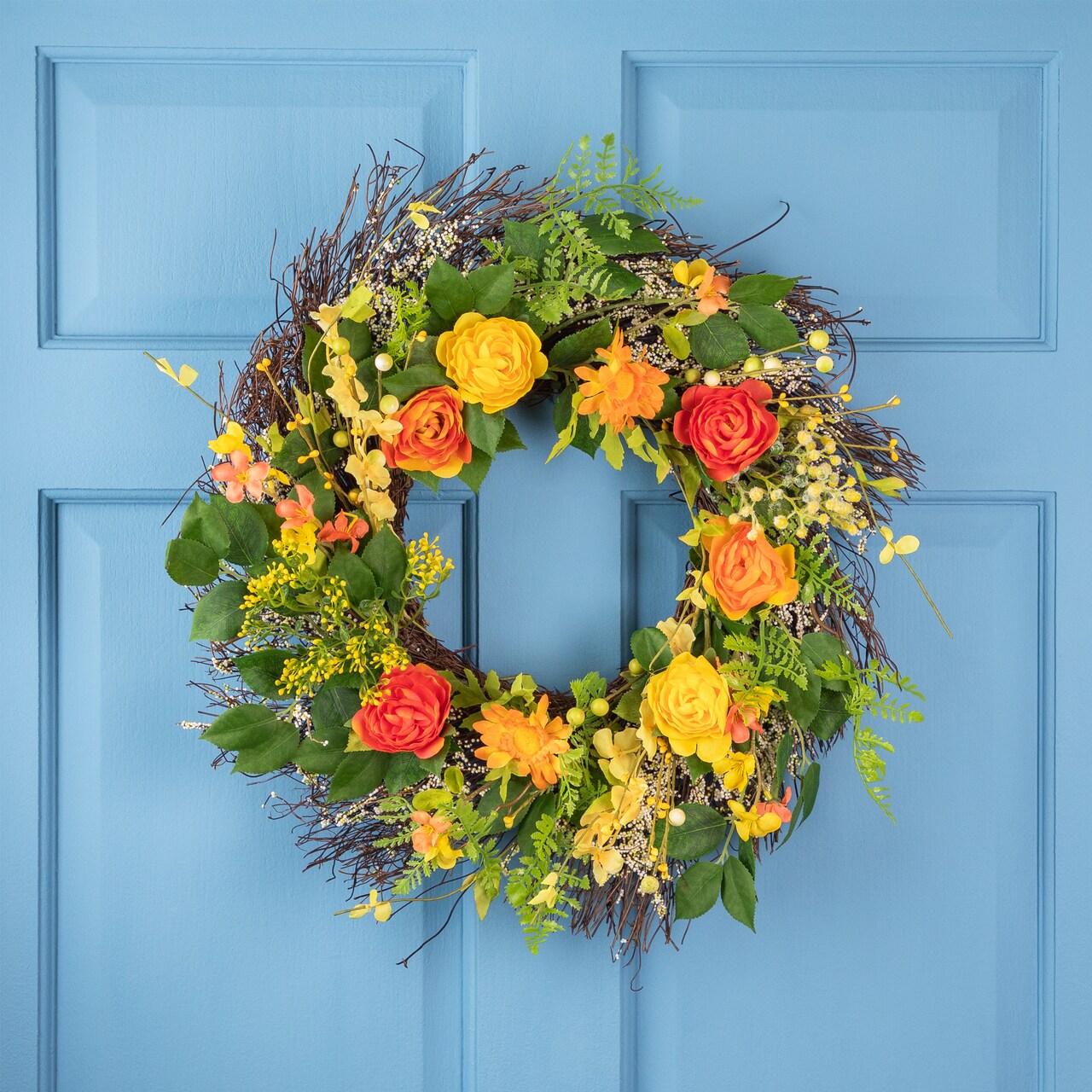 Northlight Ranunculus and Rose Floral Spring Wreath, Orange and Yellow 20"